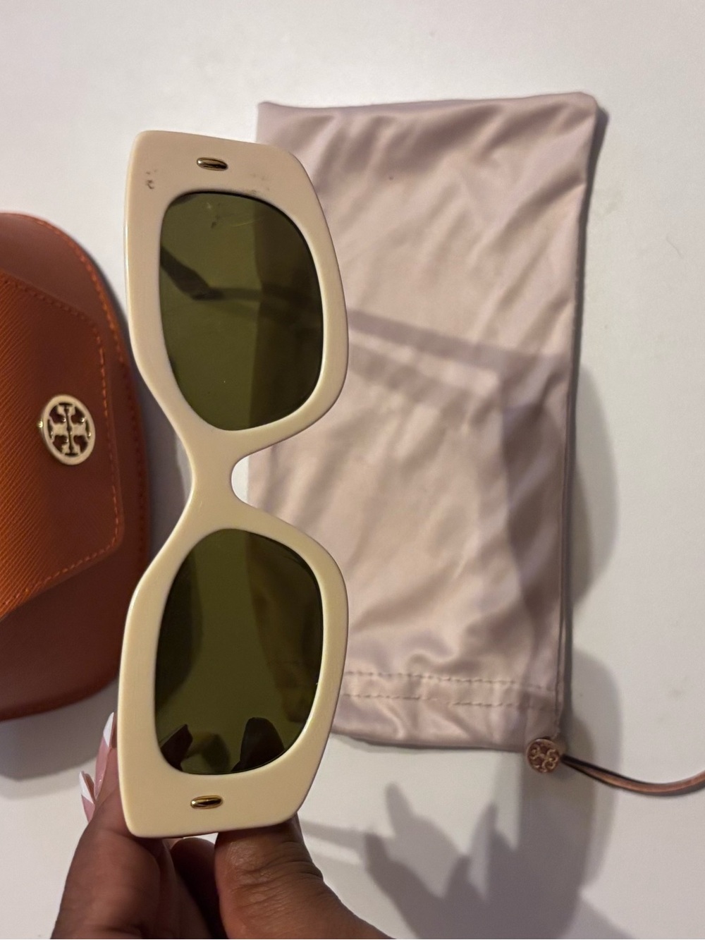Tory Burch Ivory Rectangular Sunglasses with Olive Lenses